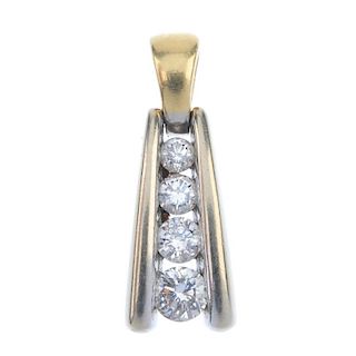 A diamond pendant. The graduated brilliant-cut diamond line, with tapered sides and bi-colour surmou