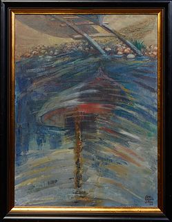 Jane Whipple Green (1910-2007, New Jersey/Louisiana), "Reflection of a Boat on the Water," 1969, oil on canvas, signed and dated lower right, titled v