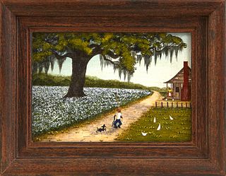 Jack R. Meyers (1930-1994, Louisiana), "Bringing Fish Home," 20th c., acrylic on canvas, signed lower left, presented in a wide mahogany frame, H.- 4 