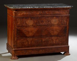 French Provincial Louis Philippe Carved Walnut Marble Top Commode, 19th c., the reeded edge rounded corner highly figured gray marble over a setback c