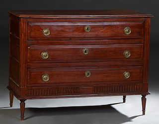 French Provincial Louis XVI Style Carved Walnut Secretary Commode, 19th c., the stepped rectangular top over a fall front pullout secretary drawer, fi
