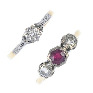 A selection of four diamond and gem-set rings. To include a circular-shape ruby and circular-cut dia