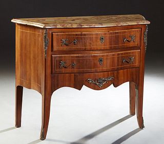 Louis XV Style Ormolu Mounted Inlaid Mahogany Marble Top Bombe Commode, late 19th c., the ocher Breche d'Alpes serpentine marble over two deep bowfron