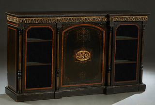 French Ormolu Mounted Ebonized Inlaid Walnut Breakfront Parlor Cabinet, c. 1880, the breakfront top over a setback arched marquetry inlaid cupboard do