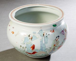 Large Japanese Baluster Porcelain Bowl, early 20th c., with figural and crane decoration, one side with calligraphic inscriptions, H.- 8 1/2 in., Dia.