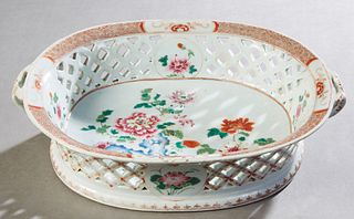 Chinese Famille Rose Porcelain Fruit Bowl, 19th c., with an orange and gilt decorated rim above sloping latticed sides with applied ring handles, with