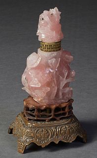 Chinese Relief Carved Rose Quartz Perfume Bottle, early 20th c., mounted on a relief decorated gilt spelter base and wired as a boudoir lamp, H.- 7 1/