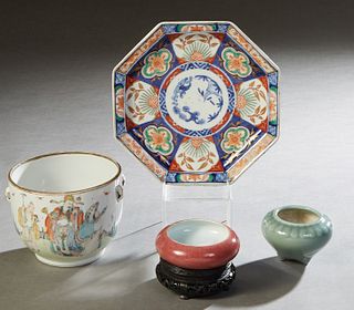 Group of Four Pieces of Oriental Porcelain, 19th/20th c., consisting of an octagonal Japanese plate; a Chinese baluster bowl with applied ring handles