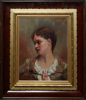 Continental School, "Portrait of a Young Woman," 19th/early 20th c., oil on canvas, unsigned, presented in a gilt frame inside of a shadowbox frame, H