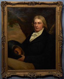 British School, "Portrait of a Gentleman Sitting Under a Tree," 19th c., oil on canvas, unsigned, presented in a gilt and gesso frame, H.- 35 3/8 in.,