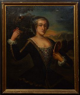 Spanish School, "Portrait of a Lady with Mask and Castanuelas," 19th c., oil on burlap, unsigned, presented in a gilt frame, H.- 34 3/4 in., W.- 28 1/