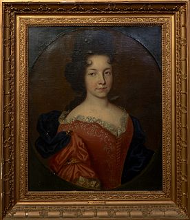 Attributed to Pierre Mignard (1612-1695, French), "Portrait of a Lady," 18th c., oil on canvas, unsigned with "Mignard" artist plaque attribution on f