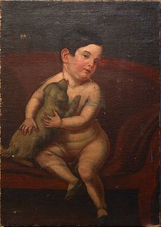 American School, "Portrait of a Young Child with a Dog," 19th c., oil on canvas, unsigned, unframed, H.- 31 in., W.- 22 in.