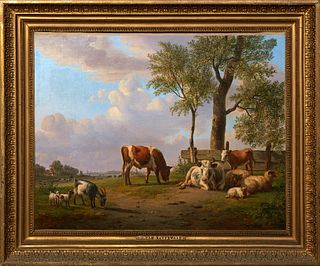 Jan van Ravenswaay (1789-1869, Dutch), "Animals on the Farm," 1826, oil on canvas, signed and dated lower left, presented in a gilt frame with artist 