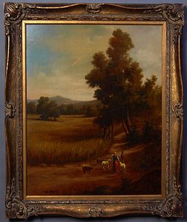 "Path Through the Woods," late 20th c., oil on canvas, signed indistinctly lower left, presented in a gilt frame, H.- 29 1/2 in., W.- 23 1/2 in., Fram