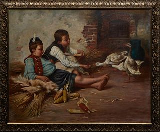 Geza Peske (1859-1934, Hungary), "Children with Ducks," 20th c., oil on canvas, signed upper left, presented in a gilt frame, H.- 25 3/4 in., W.- 31 7