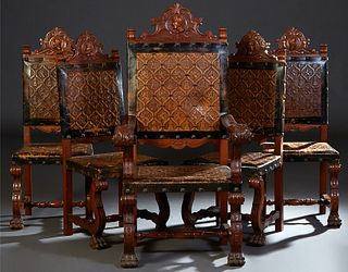 Set of Five (4 +1) Spanish Renaissance Style Carved Beech Dining Chairs, late 19th c., the arched canted high back with a relief carved knight, over a