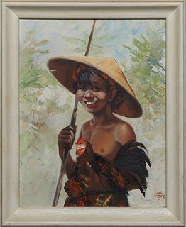 John Korver (1910-1988, Louisiana/Indonesia), "Indonesian Boy with Rooster," 20th c., oil on canvas, signed lower right, presented in a painted wood f
