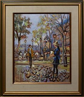 Raymond Scully (Louisiana), "Girl Feeding the Pigeons in the Square," 20th c., oil on canvas board, signed lower left, with artist label en verso, pre