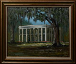 Raymond Scully (Louisiana), "Ashland (Belle Helene) Plantation," 20th c., oil on canvas, signed lower left, with artist card en verso, presented in a 