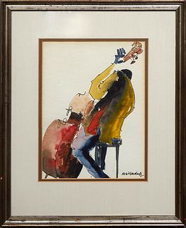 Leo Meiersdorff (1934-1994, New York/Louisiana), "Jazz Musician on Bass," 20th c., watercolor and ink on paper, signed lower right, with a "Liberty Ga