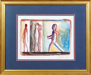 Noel Rockmore (1928-1995, New Orleans), "Figure Approaching Other Figures," 20th c., watercolor, pen titled lower left margin, pen signed and placed "