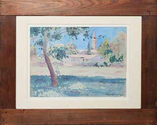 Luis Graner y Arrufi (1863-1929, New Orleans), "Spanish Village with Steeple," c. 1900, opaque watercolor on paper, signed lower right, with an unknow