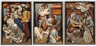 Conrad Moroder (Italy), Three Carved and Polychromed Wood Relief Nativity Panels, 20th c., each in a silvered shadowbox frame, verso with the artist's