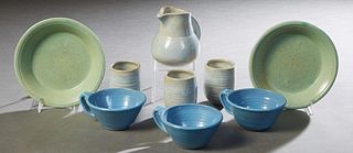 Group of Nine Pieces of Shearwater Pottery, 20th/21st c., consisting of two green dishes; a pale blue pitcher and three matching tumblers; and three l