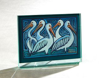 Terry Blake Edwards (Louisiana), "Five Pelicans," watercolor, signed lower right, presented in a thick glass easel frame, H.- 5 in., W.- 7 in. Provena