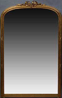 French Louis XVI Gilt and Gesso Overmantel Mirror, 20th c., with a pierced bow and ribbon crest over a reeded rounded frame and a wide beveled glass p