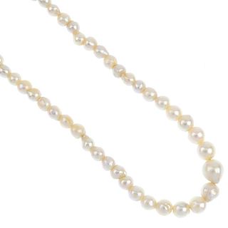 A cultured pearl single-row necklace. Comprising ninety-nine graduated semi baroque cultured pearls,