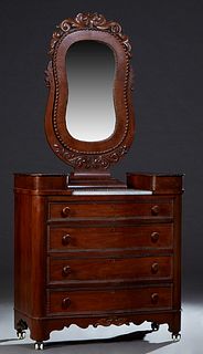 American Late Classical Rosewood Marble Top Dresser, mid-19th c., the wishbone yoke with a shaped floral and scroll carved mirror in a carved and bead
