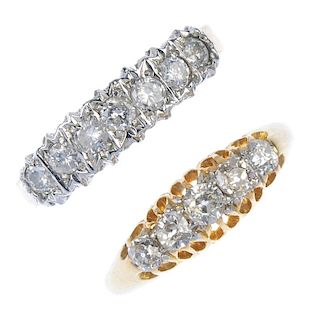 A selection of three gold diamond rings. To include an early 20th century diamond five-stone ring, a