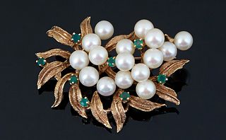 14K Yellow Gold Leaf Brooch, mid 20th c., mounted with 15 round white 5.6mm cultured pearls, and eight round .05 ct. emeralds, Total Emerald Wt.- .4 c