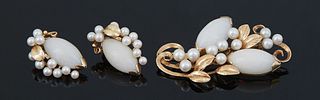 Three Piece Set of 14K Yellow Gold Jewelry, consisting of a brooch with two cabochon marquise opals and eleven seed pearls; together with a matching p