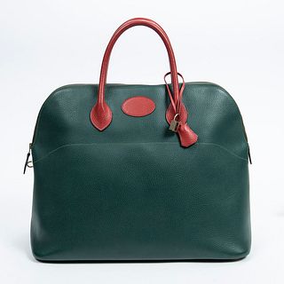 Hermes Bolide 45 Travel Bag, c. 1993, in hunter green and red Ardennes calf leather with golden hardware, opening to a khaki canvas lined interior, ac