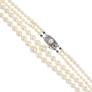 MIKIMOTO - Two cultured pearl necklaces. To include a graduated cultured pearl two-row necklace, tog