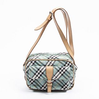 Burberry Blue Label Small Crossbody Bag, in beige mint nova check canvas with beige leather accents and silver hardware, opening to a mint nylon lined