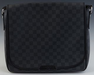 Louis Vuitton Daniel MM Shoulder Bag, in black damier graphite coated canvas with silver hardware, opening to a black canvas lined interior with two s