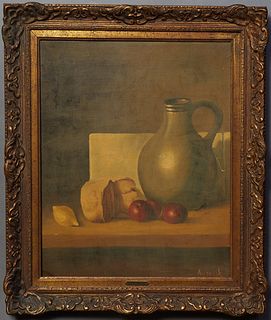A.V. Sneek, "Still Life of Jar, Cheese and Fruit," 20th c., oil on canvas laid to board, signed lower right, presented in a gilt frame with artist bla