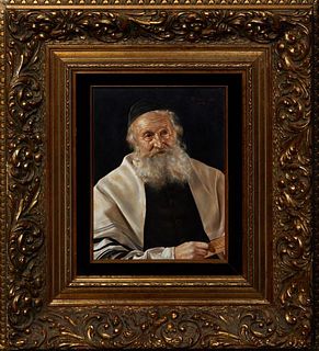 Otto Eichinger (1922-2004, Austrian), "Portrait of a Rabbi," 20th c., oil on board, signed upper right, presented in a velvet lined gilt frame, H.- 10