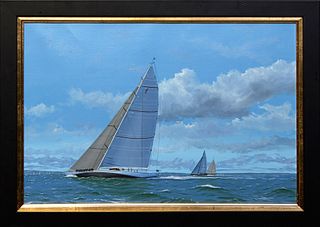 James Miller (1926-, British), "Ranger on the Solent," 20th/21st c., oil on canvas, signed and titled en verso, presented in a black frame, H.- 12 5/8