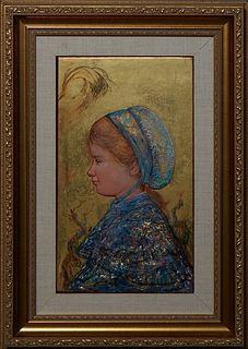 Edna Hibel (1917-2015, Massachusetts/Florida), "Portrait of a Young Girl," 2000, mixed media on board, signed lower left, with a description of materi