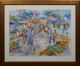 Margaret Hall Hoybach (South Carolina), "The Farmer's Market," 20th c., watercolor on paper, signed lower left, presented in a gilt frame, H.- 22 1/2 