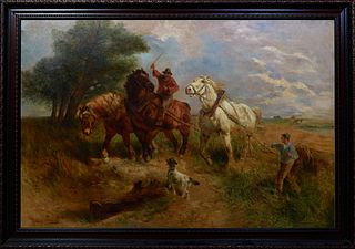 Henry Schouten (1857-1927, Belgian), "Plowing the Fields," late 19th/early 20th c., oil on canvas, signed lower left, presented in a wood frame, H.- 3