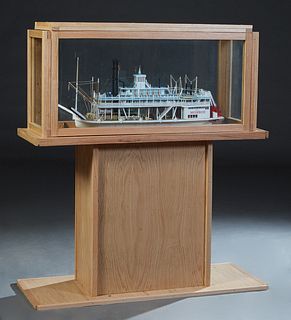Ship Model, "City of Monroe," scratch-built model, 20th c., of a coal fired packet, c. 1880, presented in a custom oak and glass case, on a plinth sup