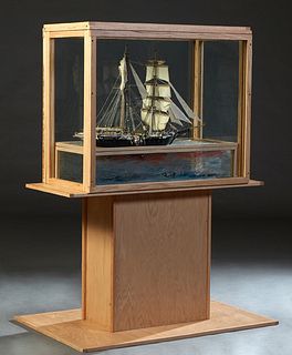 Ship Model, "Whaling Ship," scratch-built model, 20th c., presented in a custom oak glass case, on a plinth support, Model- H.- 24 in., W.- 33 1/2 in.