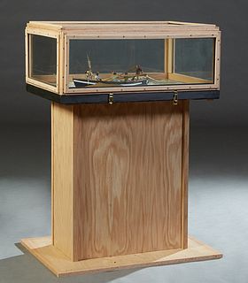 Ship Model, "Daisy Whaling Ship Diorama," scratch-built, 20th c., presented in a custom oak glass case, on a plinth support, Model- H.- 8 in., W.- 29 