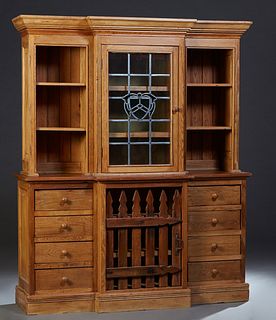 Large Contemporary Cypress Kitchen Cabinet, 20th c., the stepped breakfront crown over a central leaded glass door, flanked by setback open shelves, o